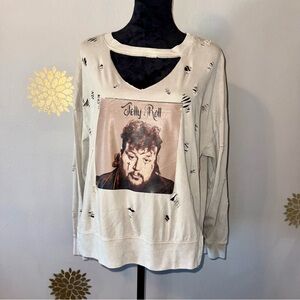 Jelly Roll Distressed L/S T-Shirt Top Beige Brown Country Western Pop Ladies